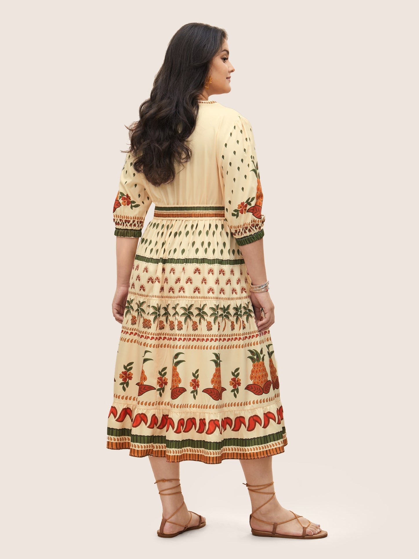 Boho Print Notched Collar Patchwork Belted Dress