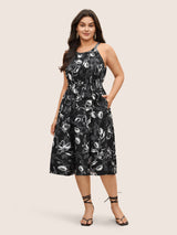 Halter Silhouette Floral Print Belted Dress