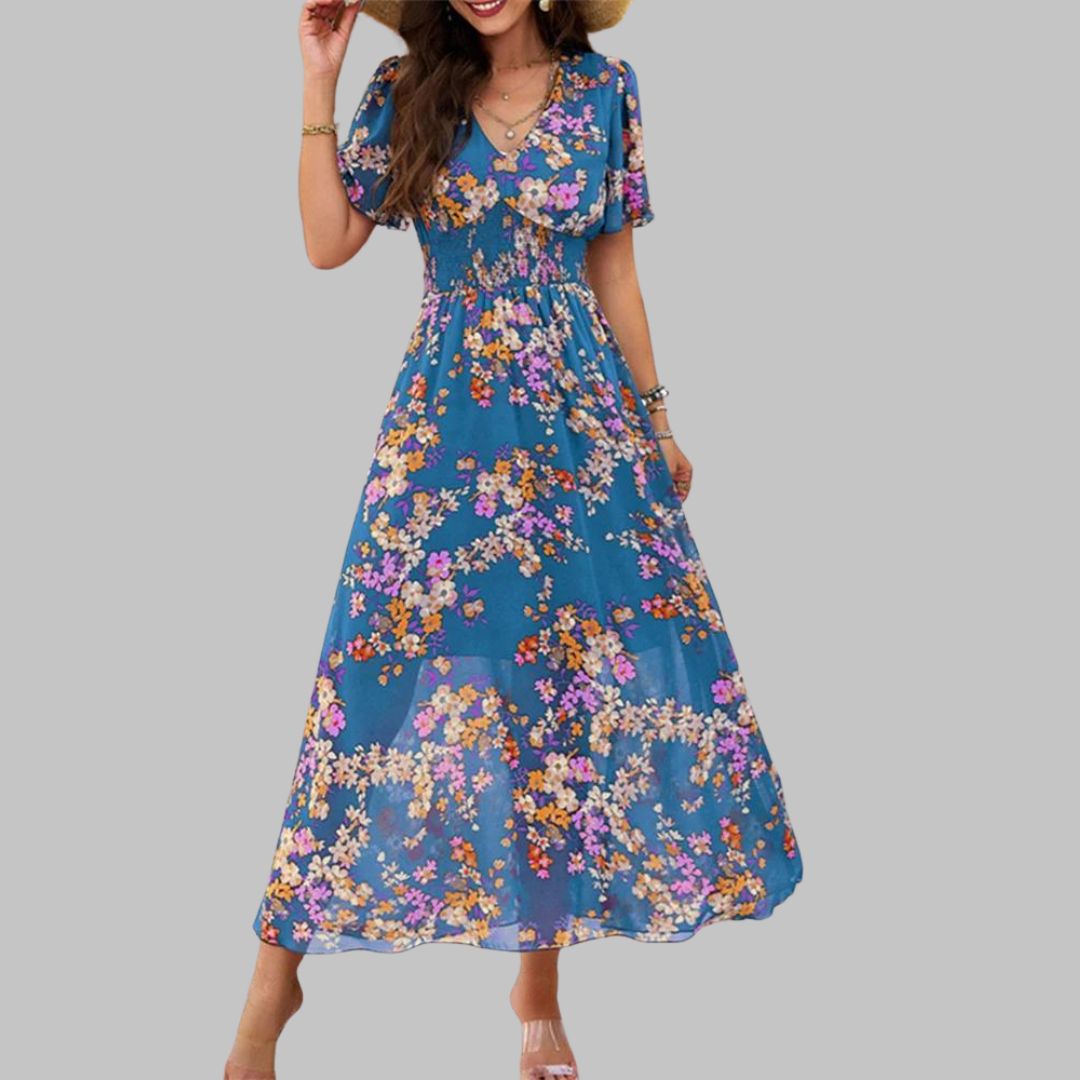 Isabella - Floral V-neck midi dress with short sleeves