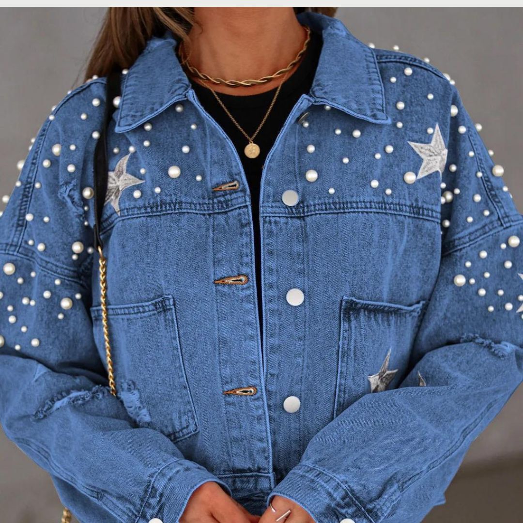 Veda - Denim jacket with pearl embellishment and star accents