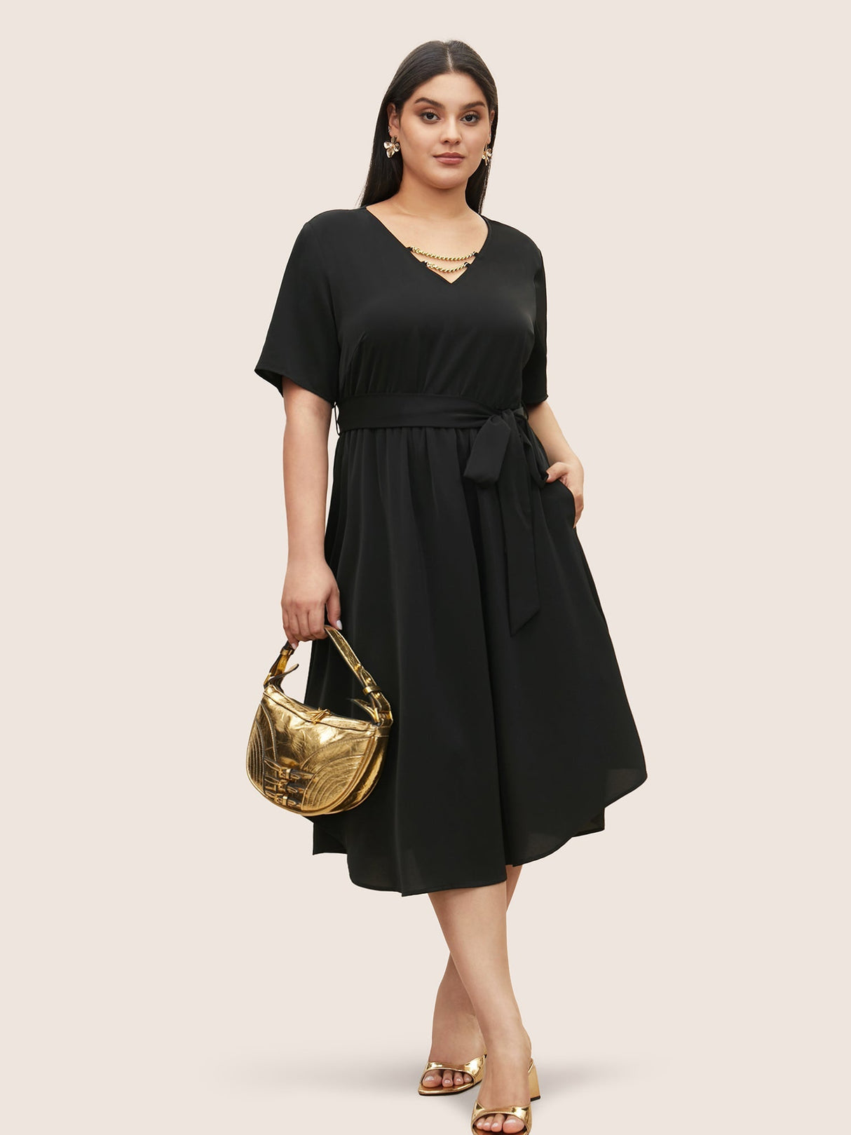 Anti-Wrinkle Metal Chain Detail Belted Arc Hem Dress