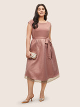 Textured Mesh Patchwork Belted Boat Neck Dress