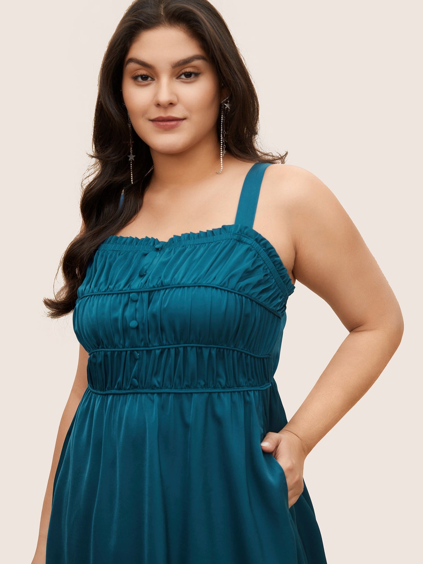 Satin Solid Gathered Button Detail Cami Dress