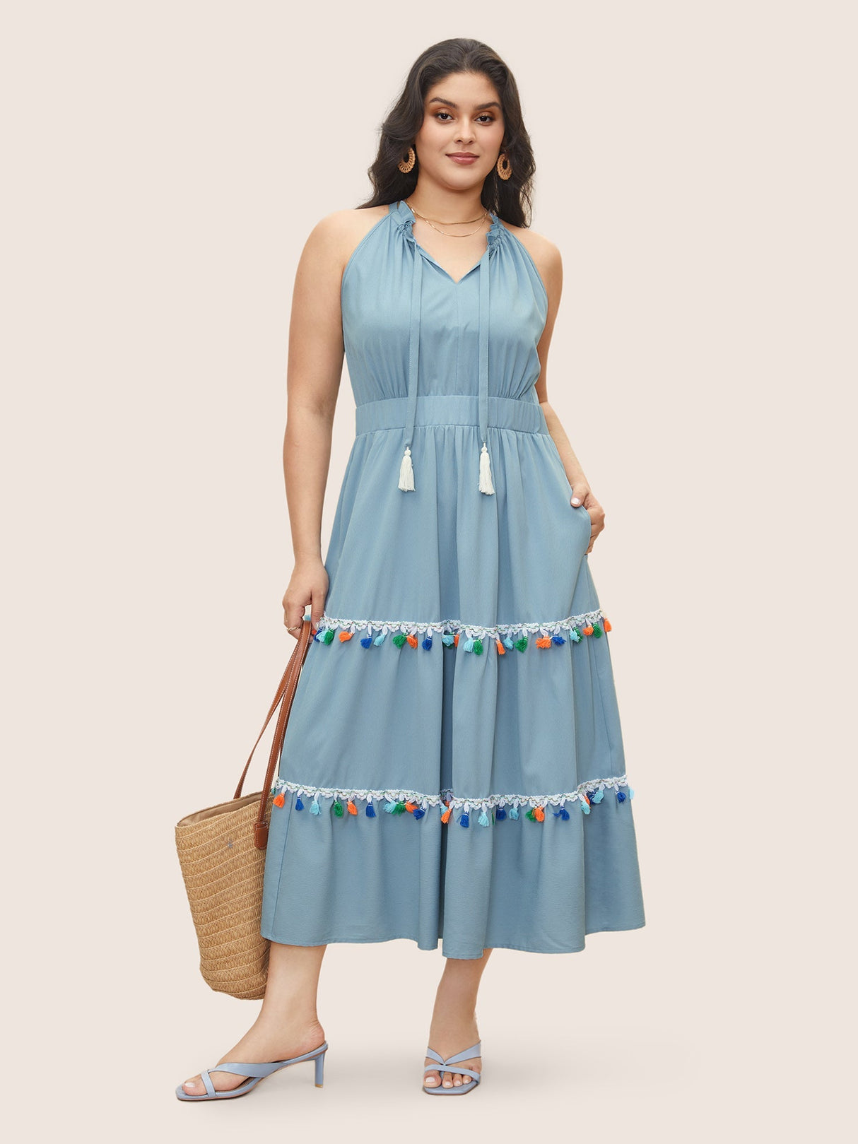 Colored Frayed Hem Knot Neck Frill Trim Dress