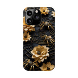 Halloween Black & Gold Spider Slim Phone Cases, Gold Flower Phone Case