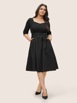 Polka Dot Patchwork Belted Square Neck Dress