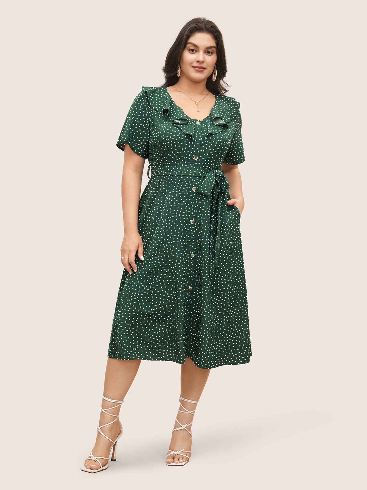 Polka Dot Flutter Trim Belted Button Detail Dress