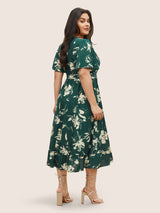 Floral Wrap Elastic Waist Belted Ruffle Sleeve Dress