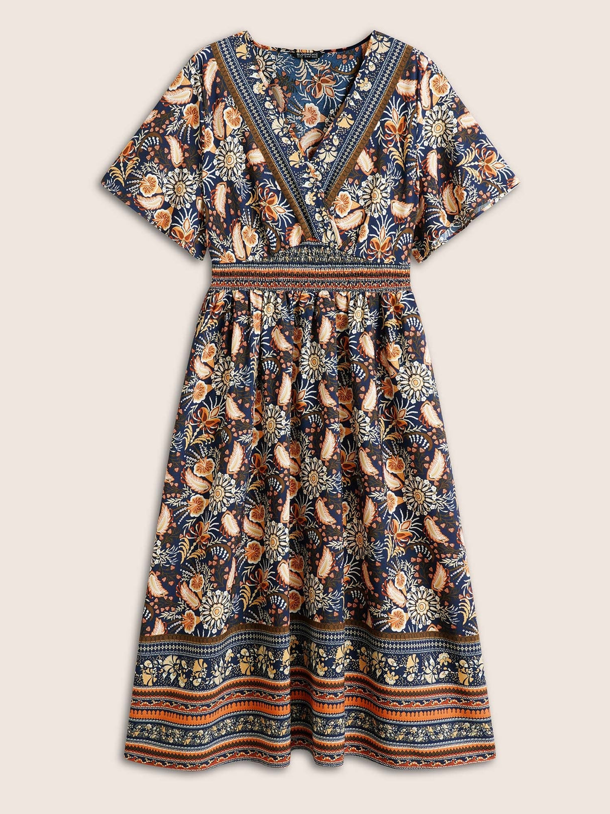 Bandana Print Shirred Overlap Collar Flutter Sleeve Dress