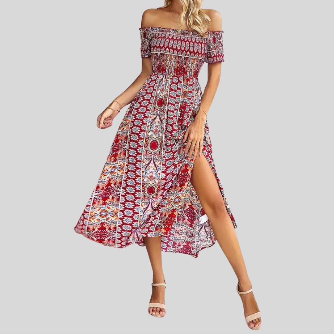 Aurora - Off-the-shoulder boho maxi dress with ruffled top