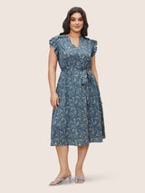 Ditsy Floral Frill Trim Notched Flutter Sleeve Dress