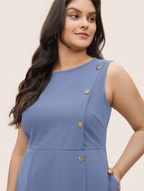 Plain Sleeveless Button Detail Pocket Dress