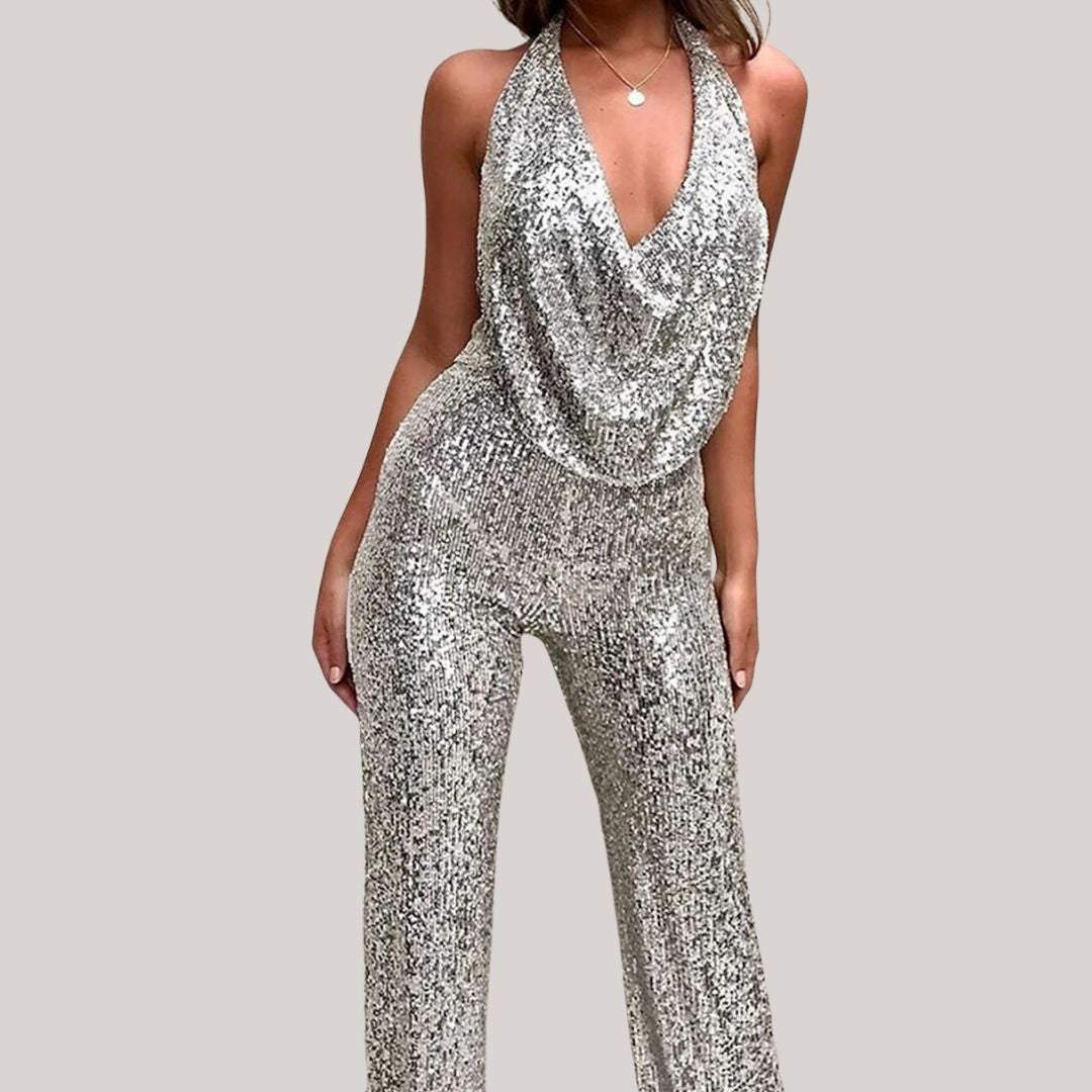 Elegant glitter jumpsuit with neckline