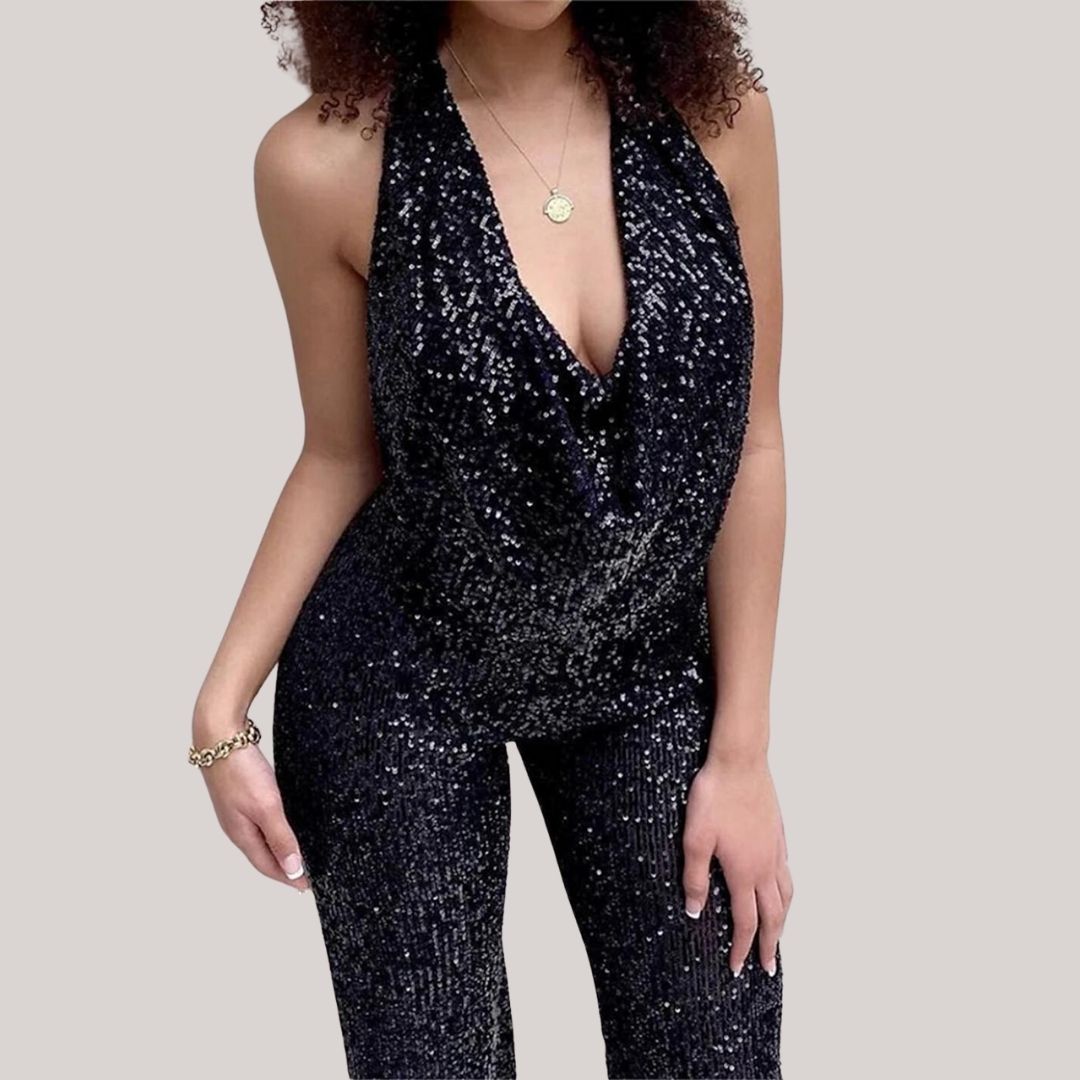 Elegant glitter jumpsuit with neckline