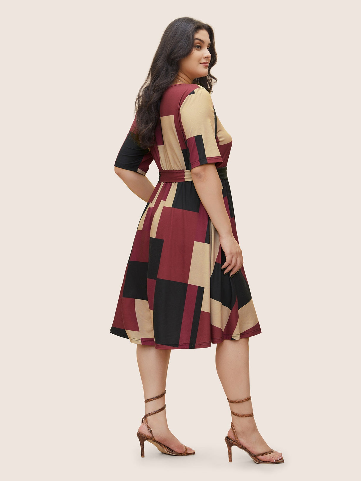 Geometric Colorblock Contrast Square Neck Belted Dress