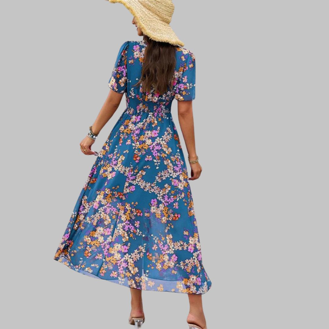 Isabella - Floral V-neck midi dress with short sleeves