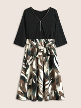 Colorblock Contrast Half Zip Belted Dress