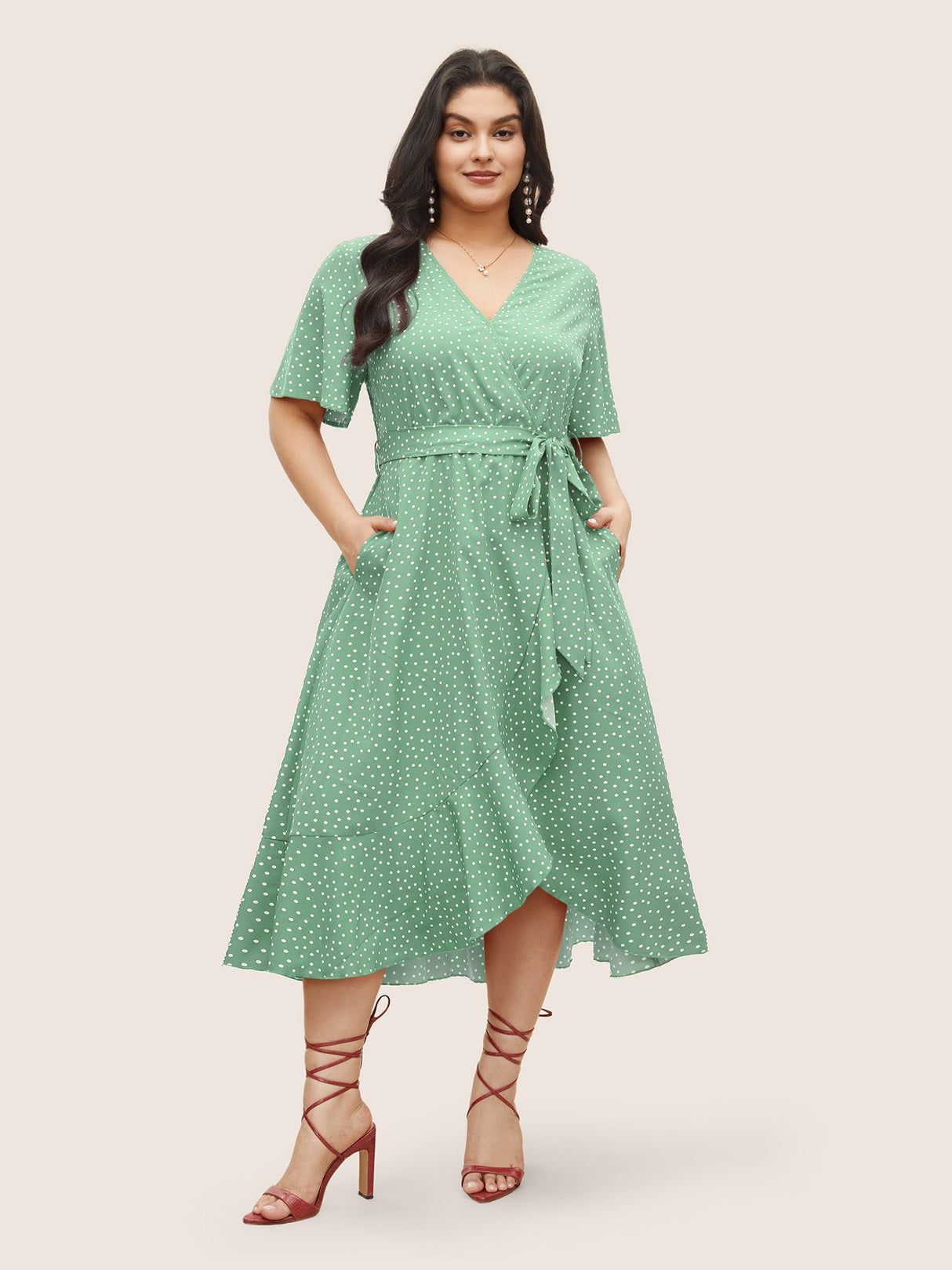 Polka Dot Surplice Neck Belted Arc Hem Dress