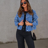 Veda - Denim jacket with pearl embellishment and star accents