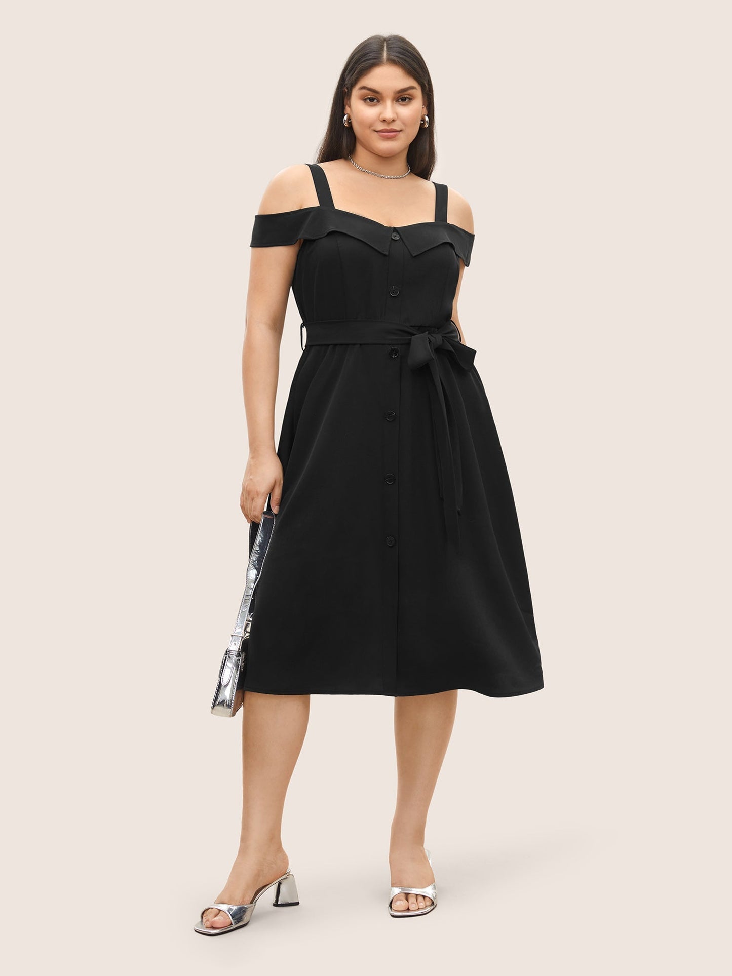 Solid Cold Shoulder Button Detail Belted Dress