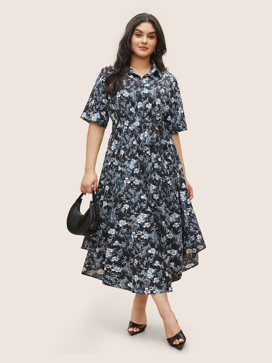 Ditsy Floral Elastic Waist Belted Shirt Collar Dress