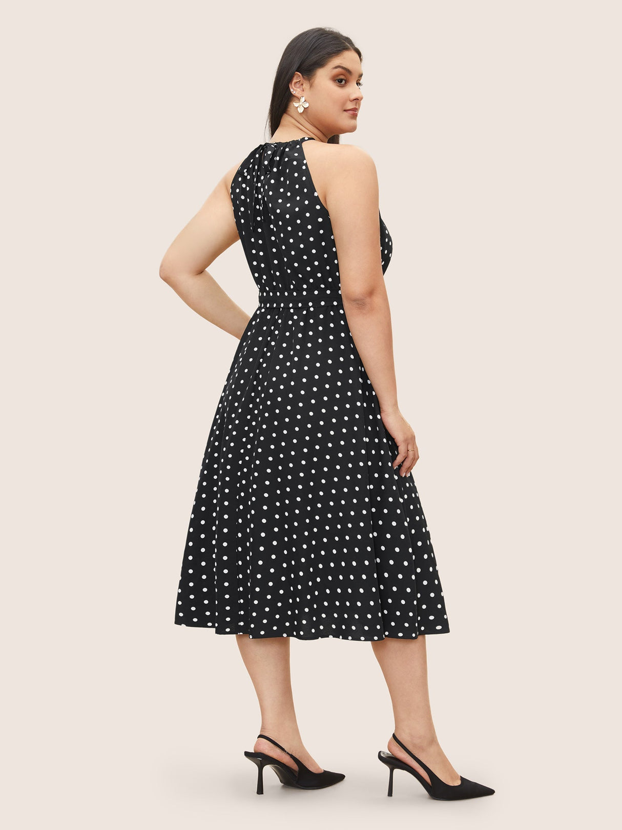 Polka Dot Halter Elastic Waist Belted Gathered Dress