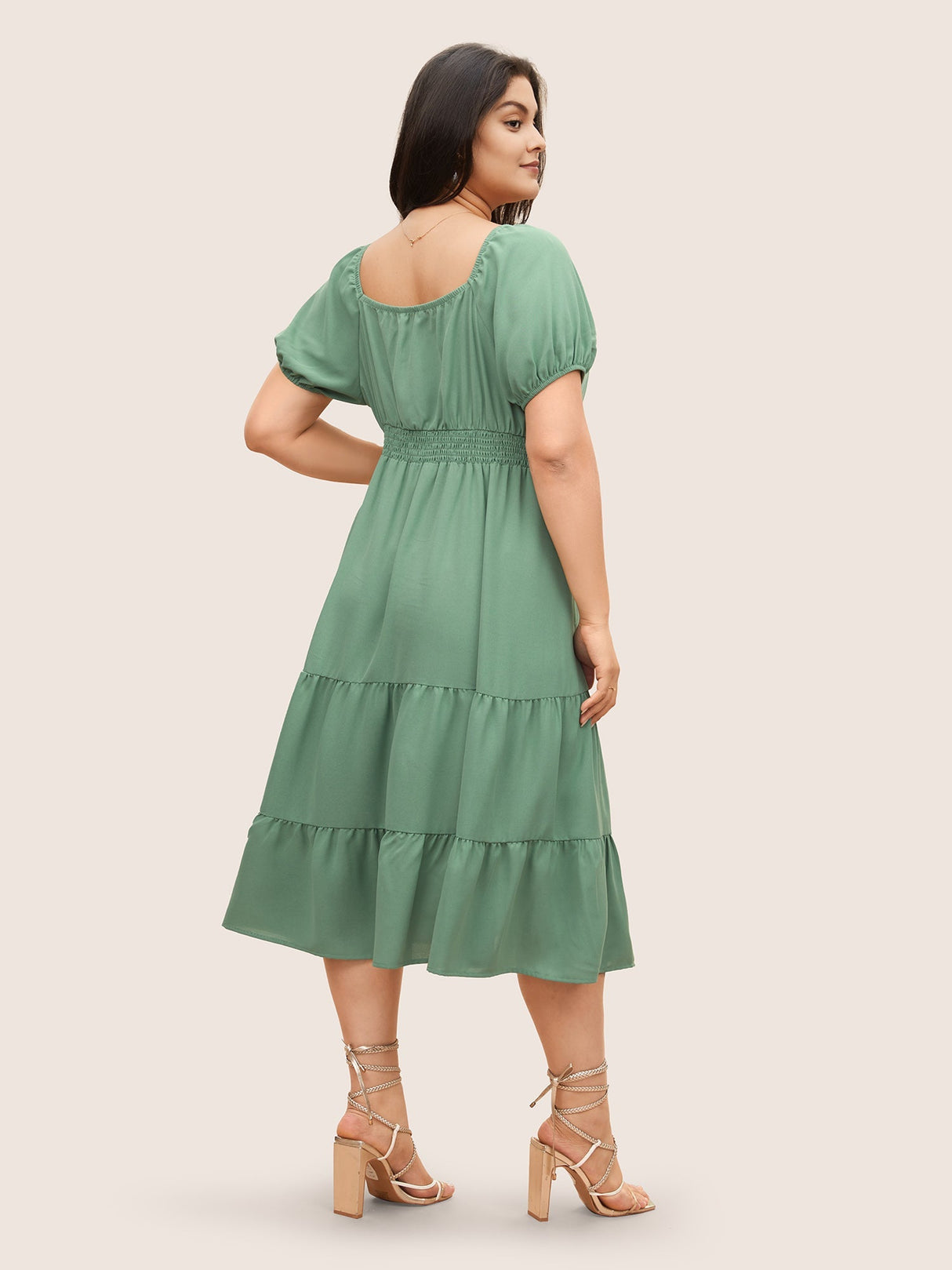 Solid Gathered Lantern Sleeve Ruffle Layered Hem Dress