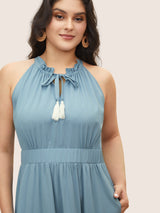 Colored Frayed Hem Knot Neck Frill Trim Dress