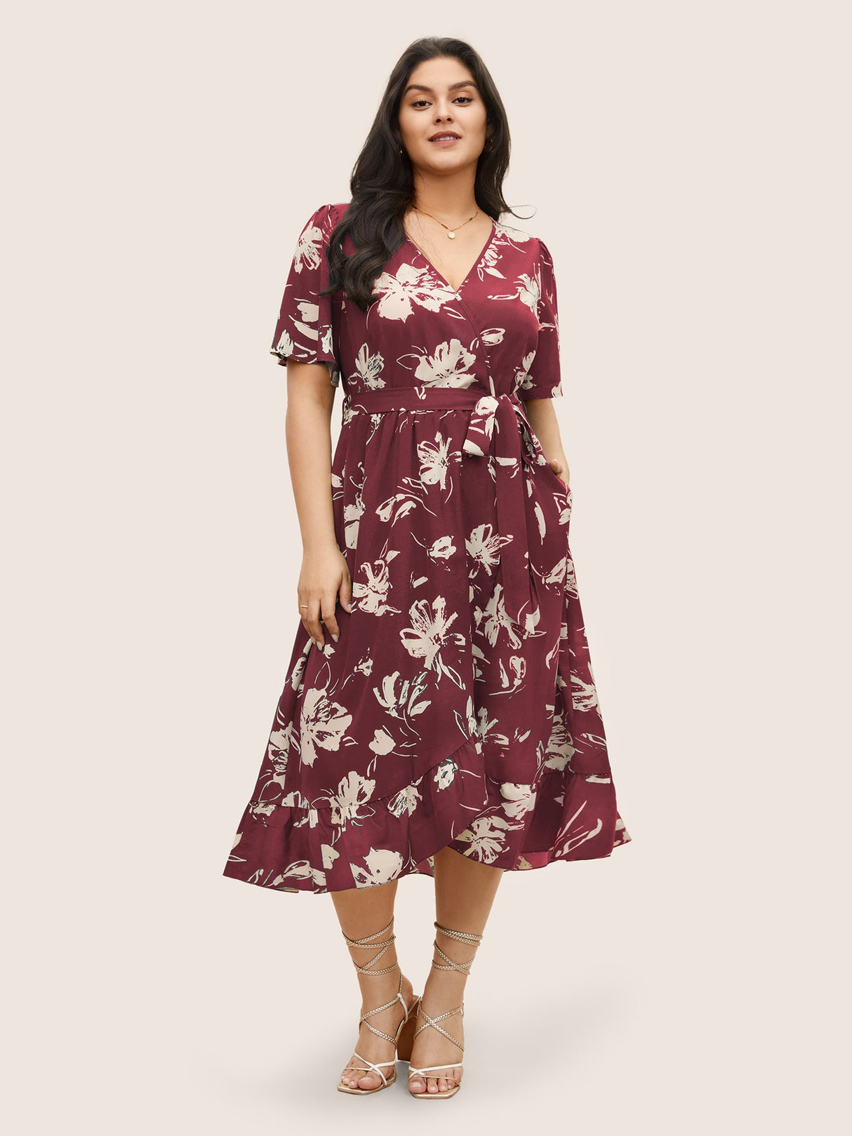 Floral Wrap Elastic Waist Belted Ruffle Sleeve Dress