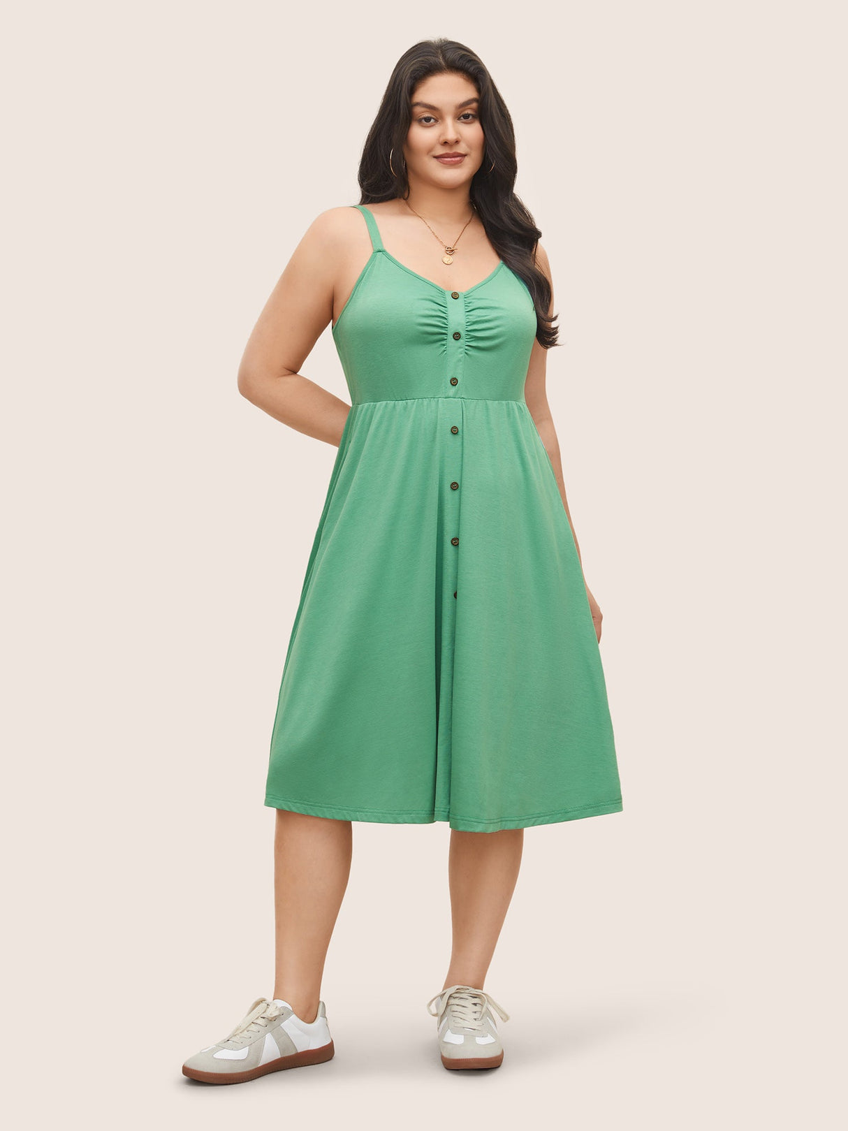 Solid Ruched Button Detail Adjustable Straps Dress