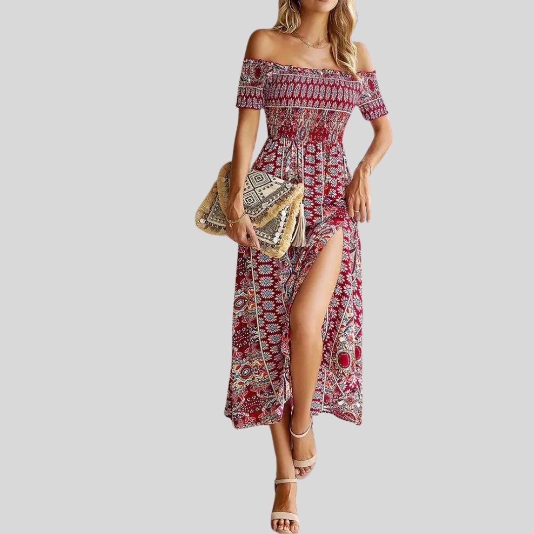 Aurora - Off-the-shoulder boho maxi dress with ruffled top