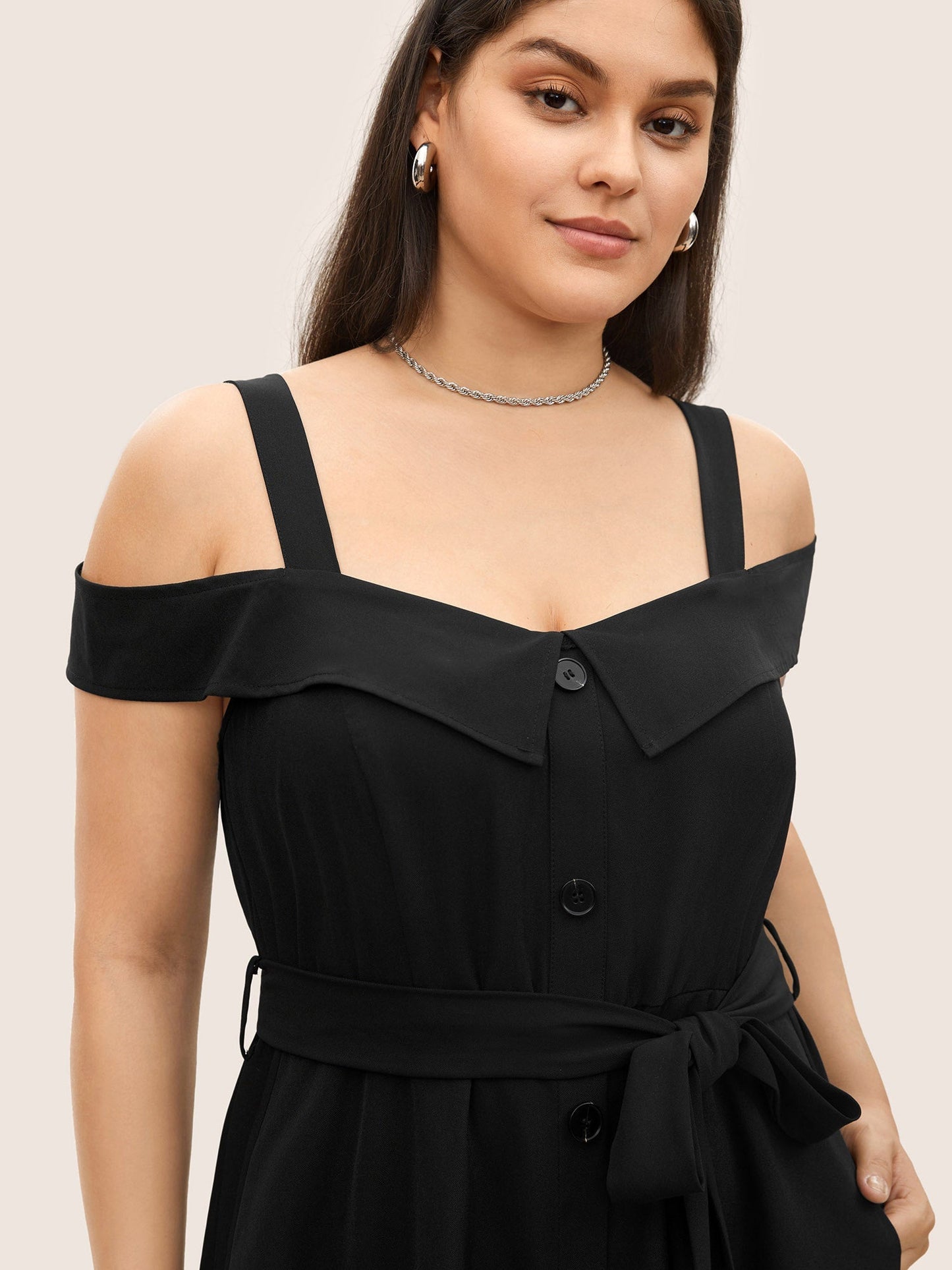 Solid Cold Shoulder Button Detail Belted Dress