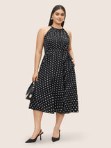 Polka Dot Halter Elastic Waist Belted Gathered Dress