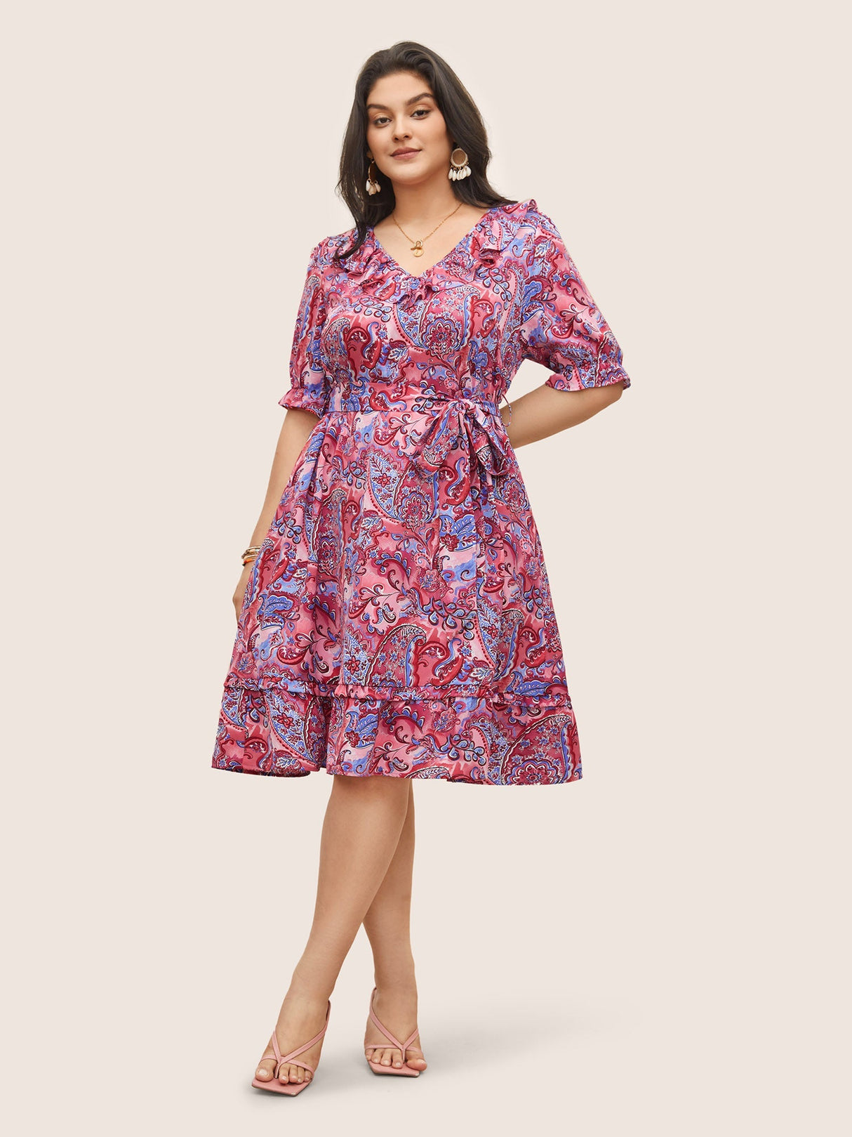 Paisley Print Belted Ruffle Trim Dress