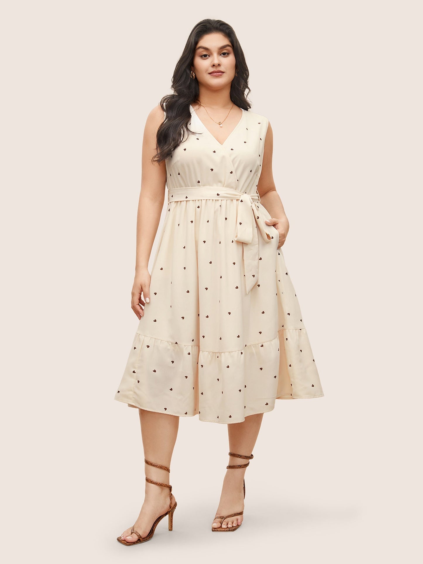 Heart Print Surplice Neck Patchwork Flutter Hem Dress