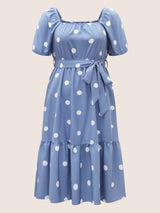 Polka Dot Gathered Belted Lantern Sleeve Dress