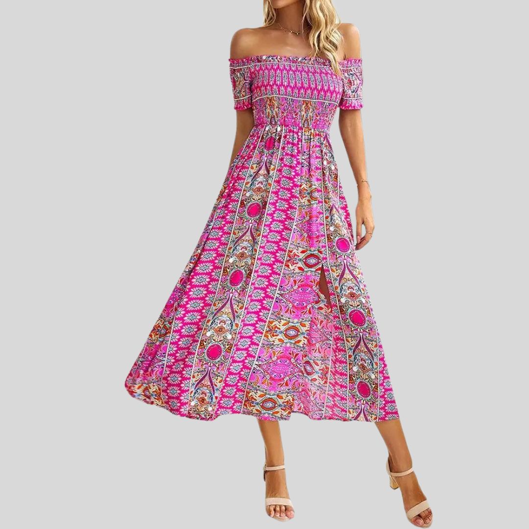 Aurora - Off-the-shoulder boho maxi dress with ruffled top