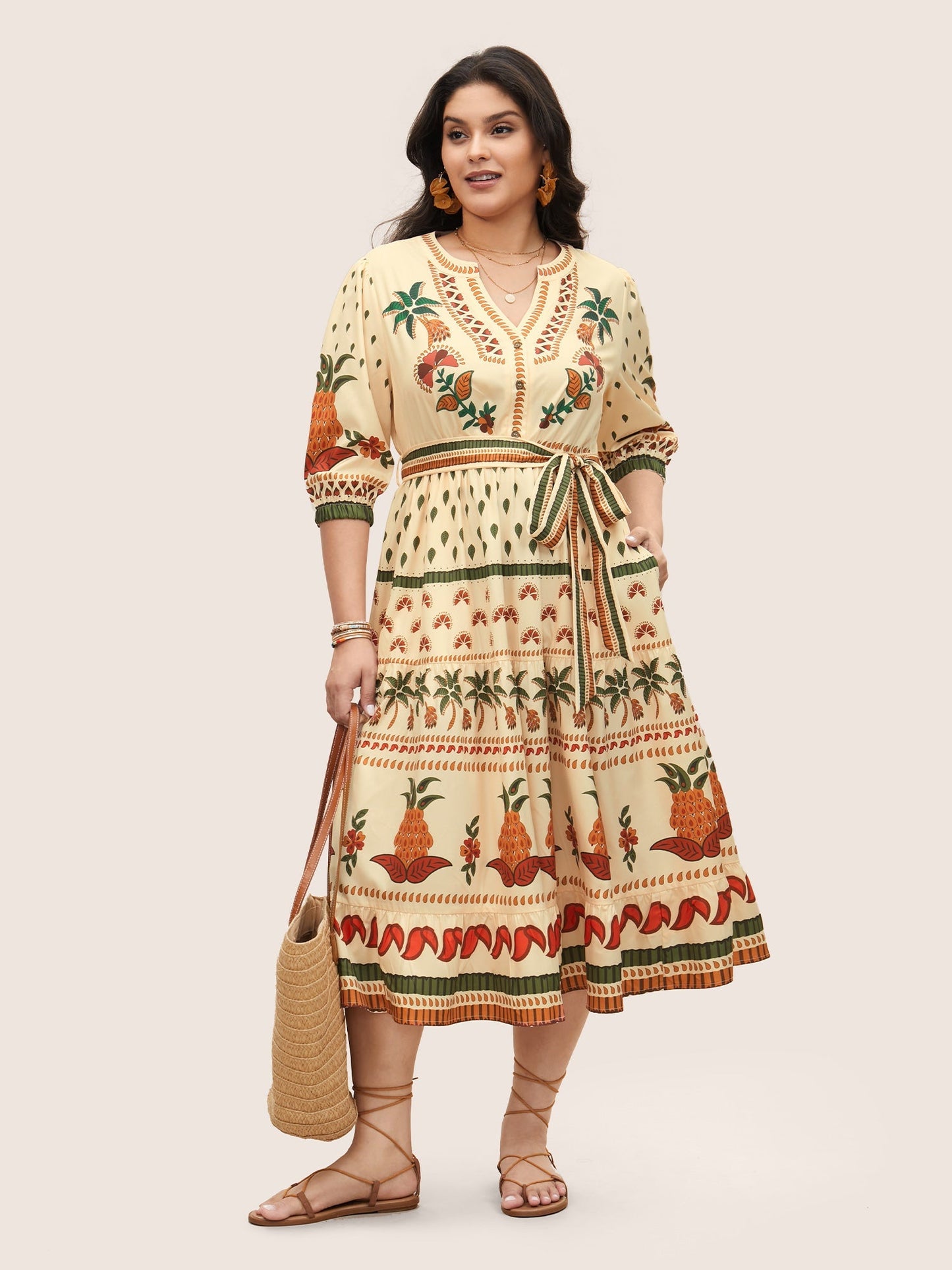 Boho Print Notched Collar Patchwork Belted Dress