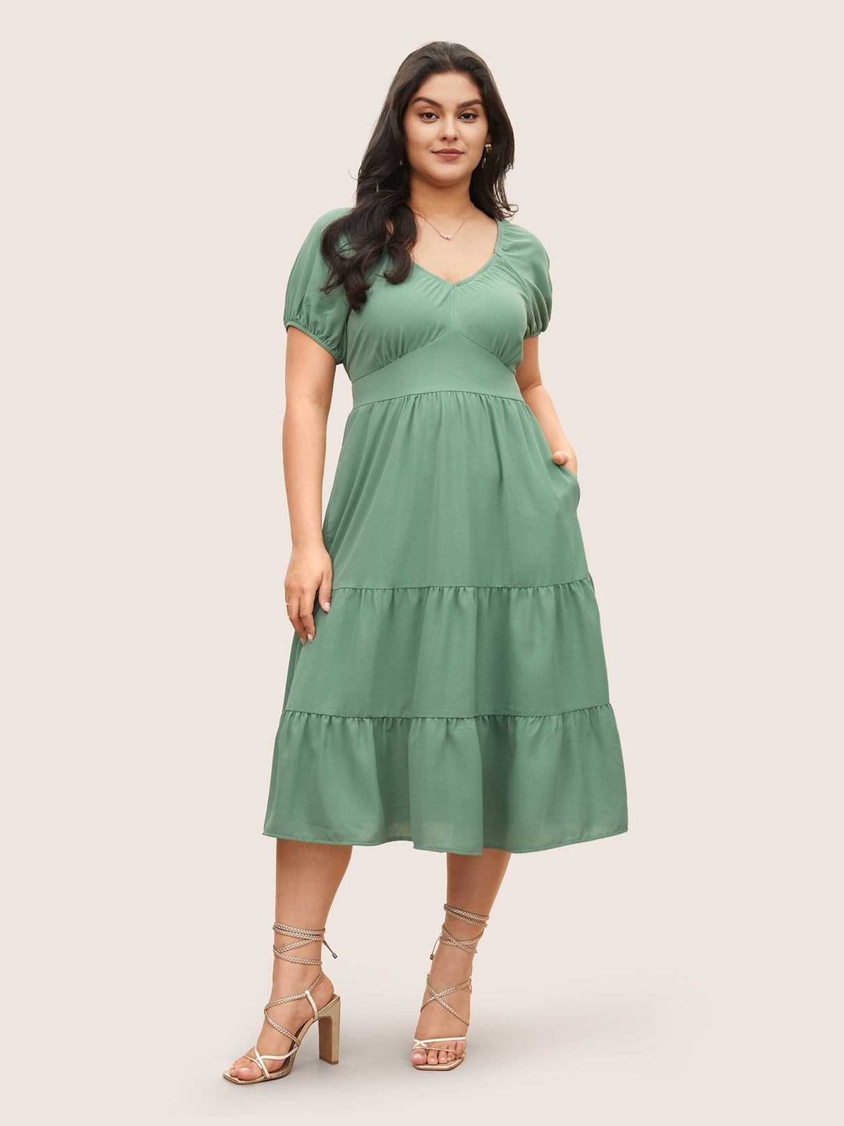 Solid Gathered Lantern Sleeve Ruffle Layered Hem Dress