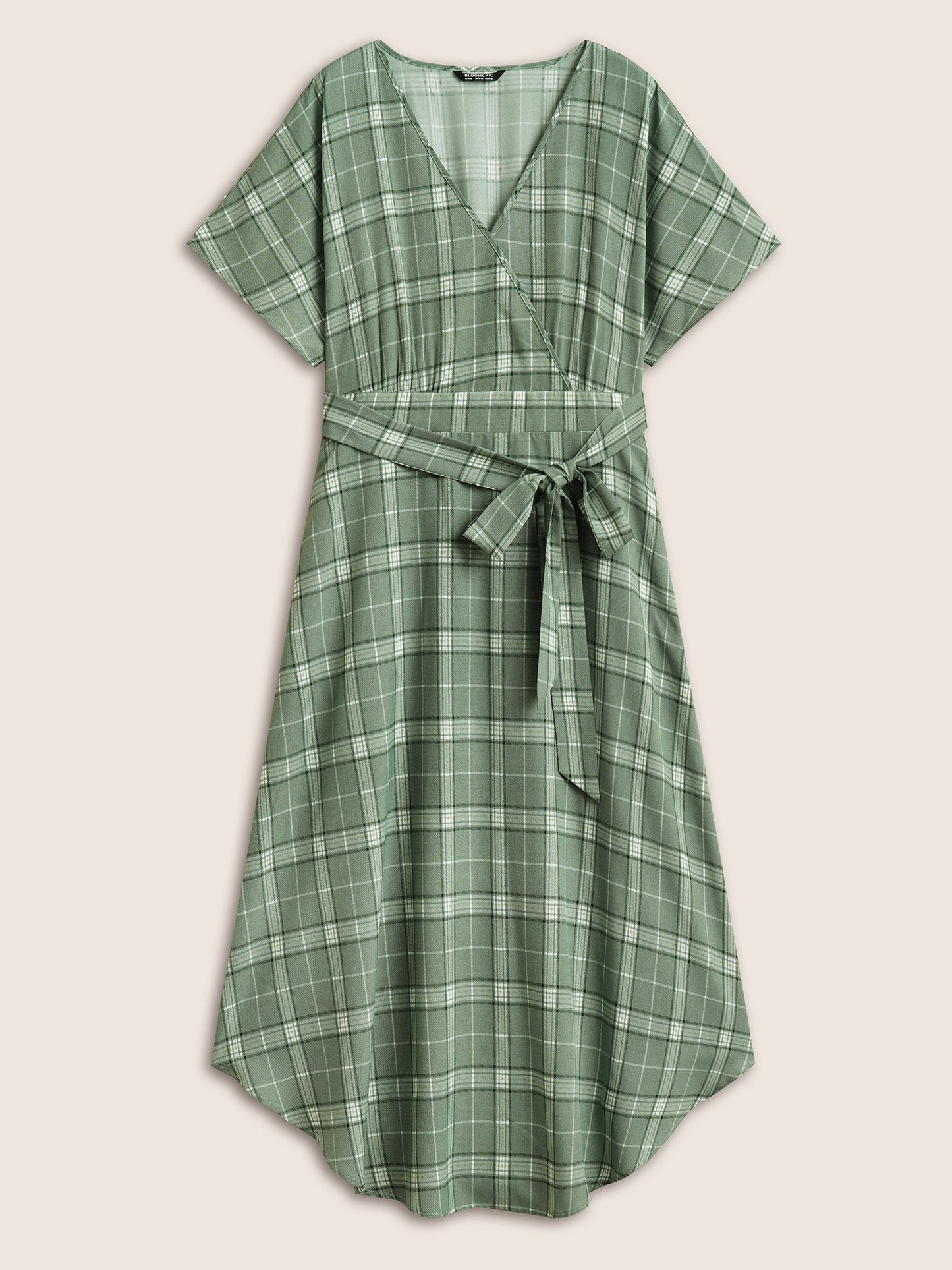 Plaid Surplice Neck Pocket Curved Hem Dress