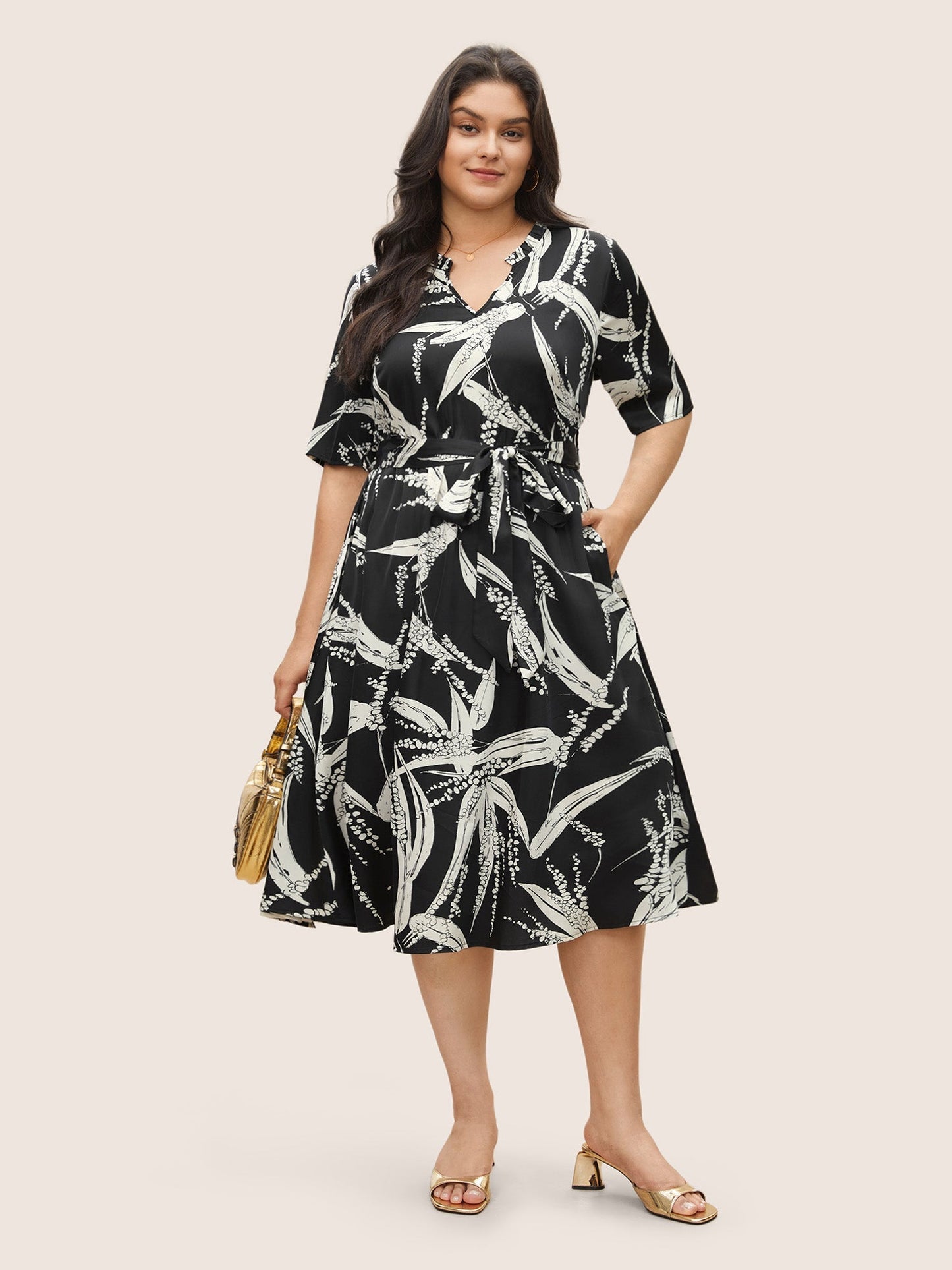 Plants Print Notched Belted Pocket Dress