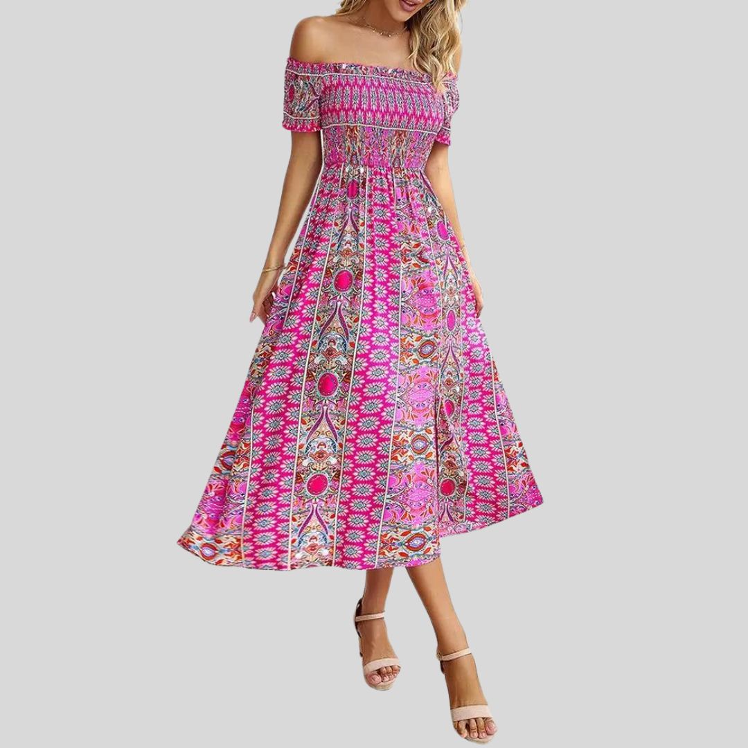 Aurora - Off-the-shoulder boho maxi dress with ruffled top