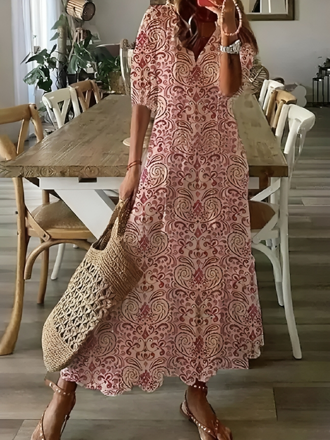 Patterned half-length sleeve V-neck maxi dress