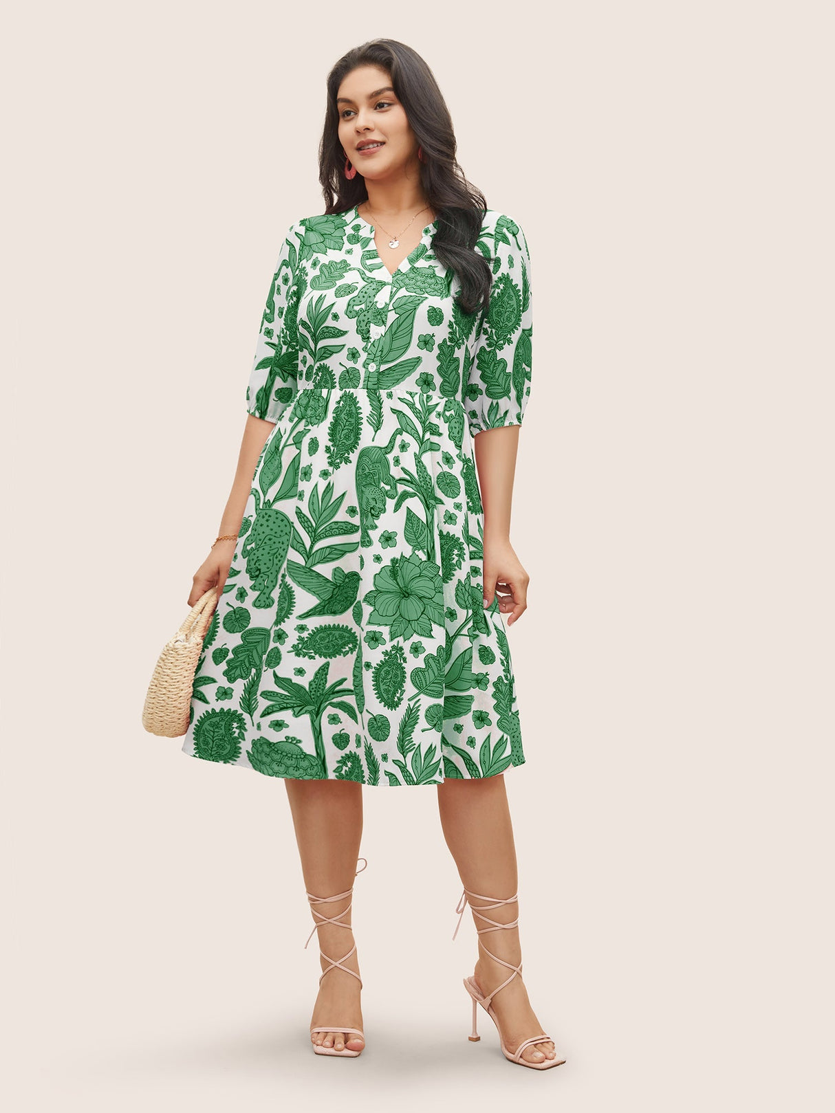 Plants & Animal Print Notched Lantern Sleeve Dress