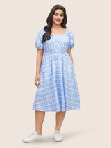 Plaid Square Neck Gathered Shirred Dress