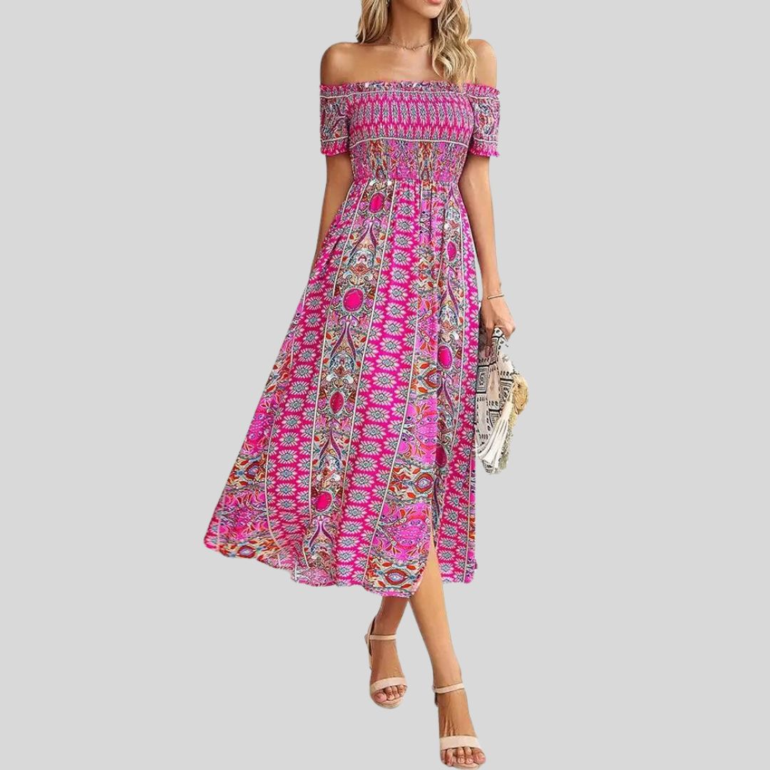 Aurora - Off-the-shoulder boho maxi dress with ruffled top