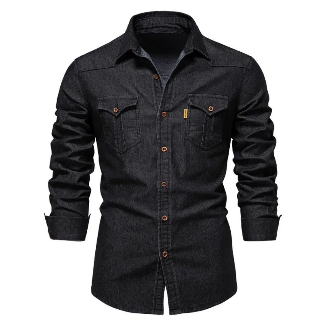 Fitted denim long-sleeved shirt for men