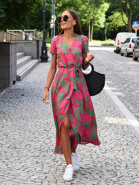 Dazzle - Floral split dress with waist bow