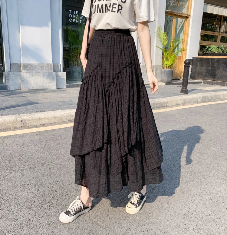 Summer retro chequered long skirt