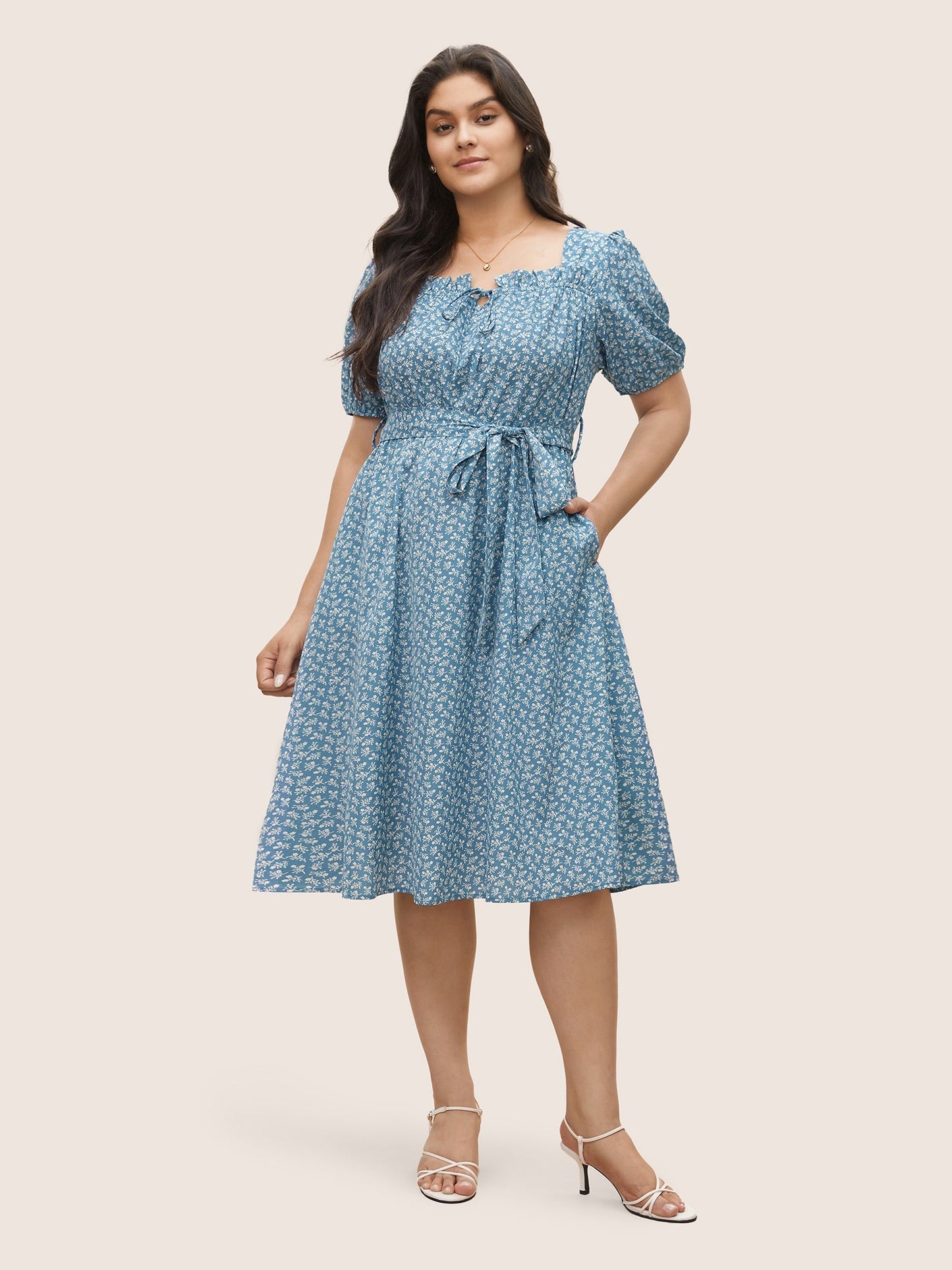 Ditsy Floral Tie Neck Frill Trim Belted Dress